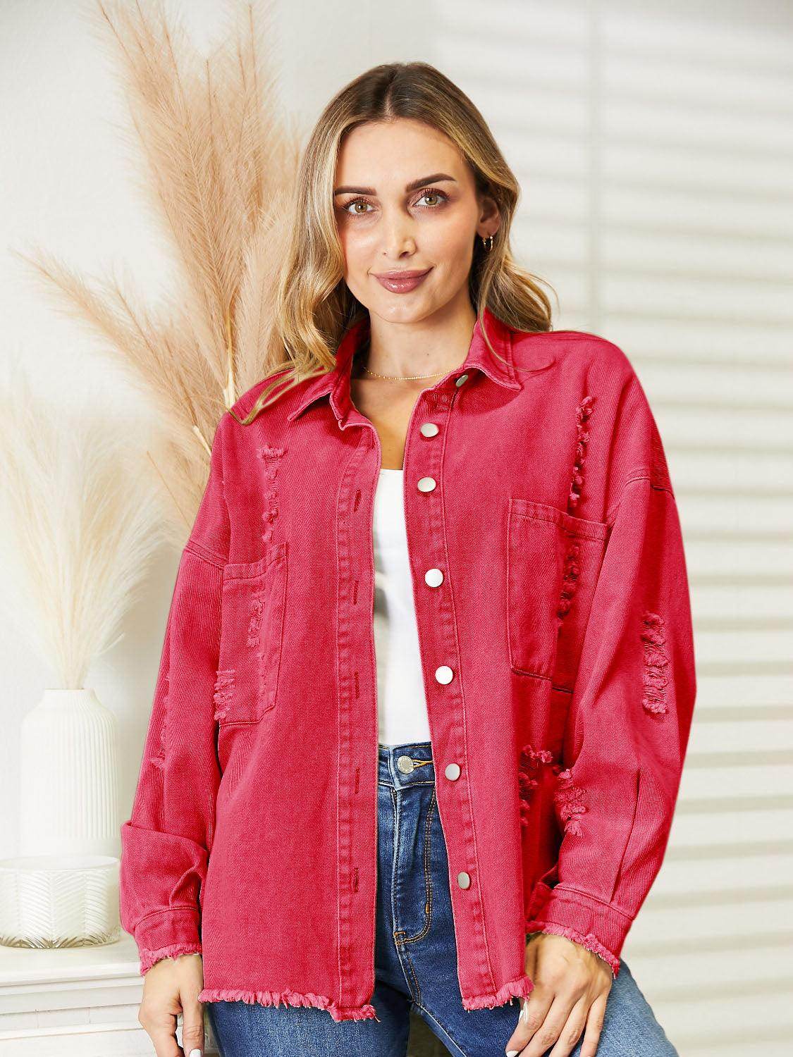 Distressed Raw Hem Denim Jacket for Relaxed Fit Style