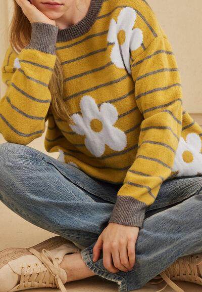 Flower Stripe Round Neck Long Sleeve Sweater for Women