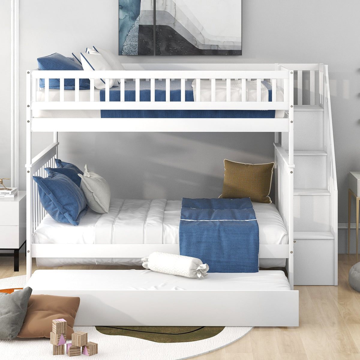 Full over Full Bunk Bed with Trundle and Staircase White