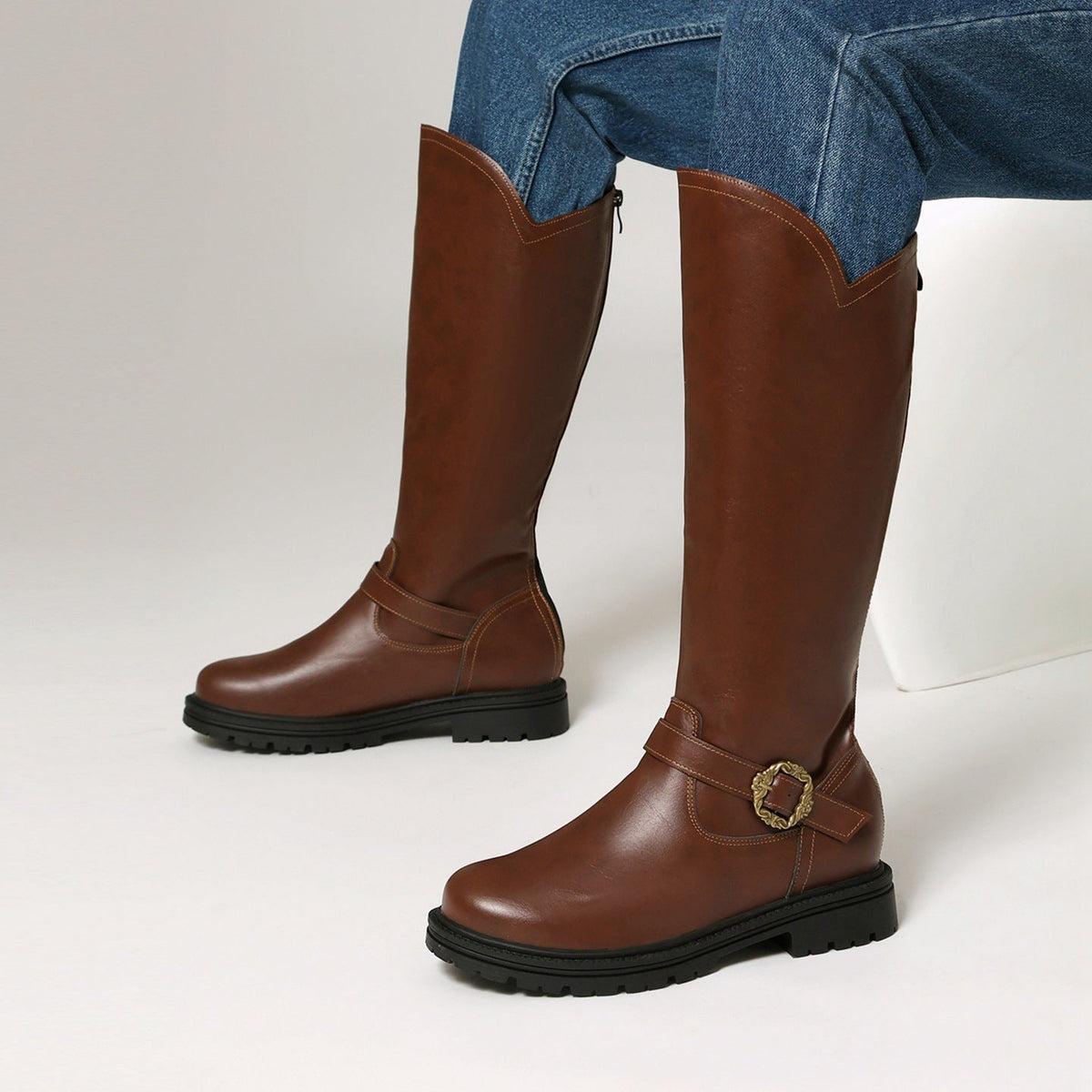 Women's High-heeled Boots With A Thick Sole And Belt Buckle