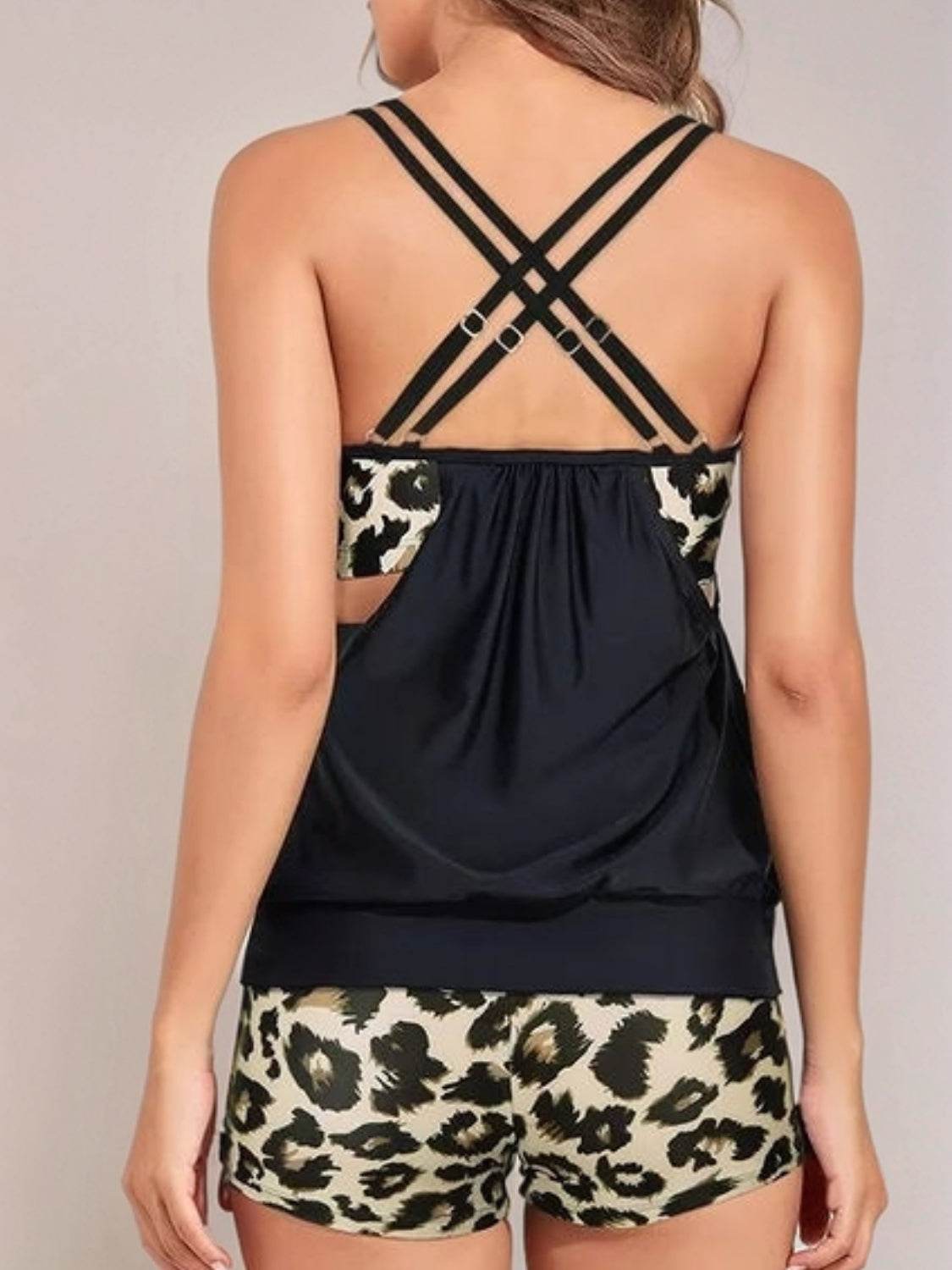 Crisscross Leopard Scoop Neck Two-Piece Swim Set