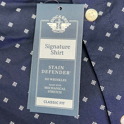 DOCKERS Stain Defender Button Up Shirt Daisy Pattern Men's Sz XXL Navy Blue