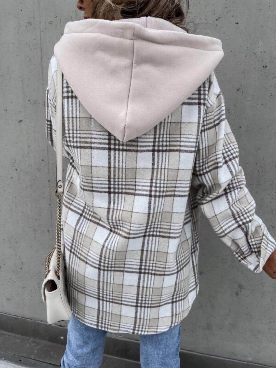 Plaid Dropped Shoulder Hooded Jacket for Casual Style
