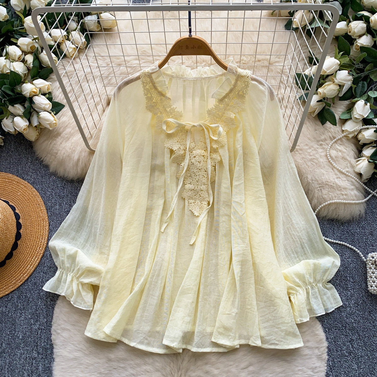 Womens Solid-Color Silk-Panel V-Neck Lace-Up Shirt