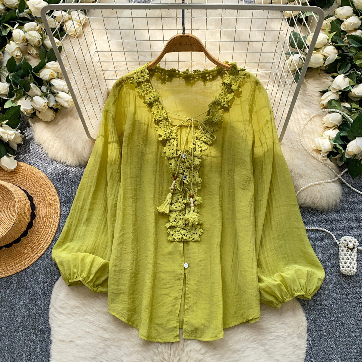 Womens Solid-Color Silk-Panel V-Neck Lace-Up Shirt