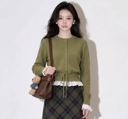Knitted Cardigan And Plaid Skirt Two-piece Set For Women