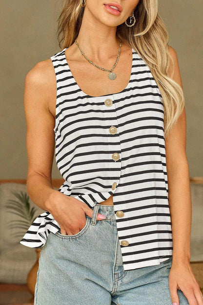 Buttoned Striped Wide Strap Tank for Casual Summer Style