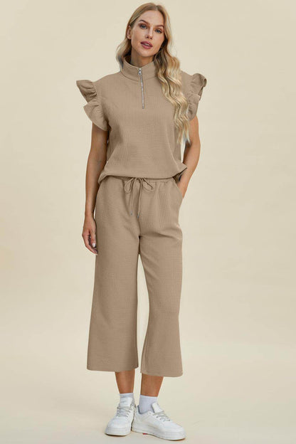 Double Take Full Size Texture Ruffle Top and Pants Set