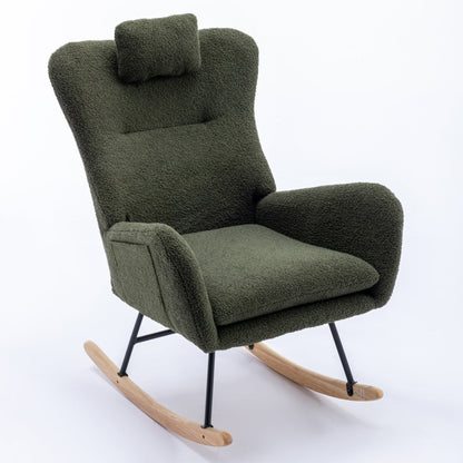 35.5-inch soft Teddy fabric rocking chair with pockets, comfortable wing straps, secure solid wood base (dark green)