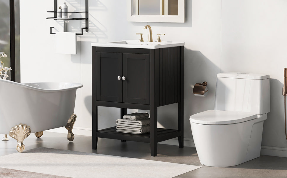 24" Black Modern Sleek Bathroom Vanity Elegant Ceramic Sink with Solid Wood Frame Open Style Shelf