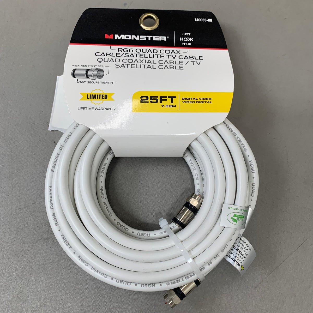 MONSTER RG6 Quad Coax Satellite Tv Cable 25ft White 140033-00