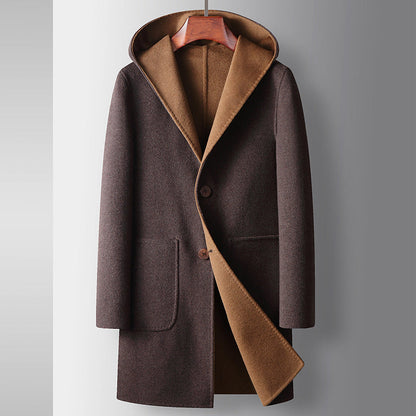 Mens Mid-Length Wool Coat With A Hood Reversible Style