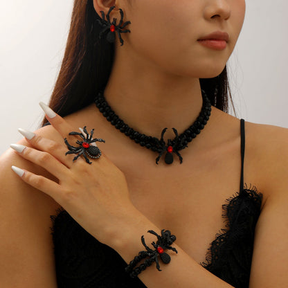 Dramatic Halloween Rhinestone Spider Necklace Bracelet And Ring Set