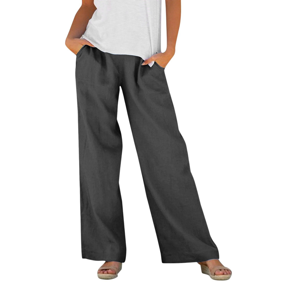Solid-color Loose-fitting Elastic-waist Wide-leg Casual Pants