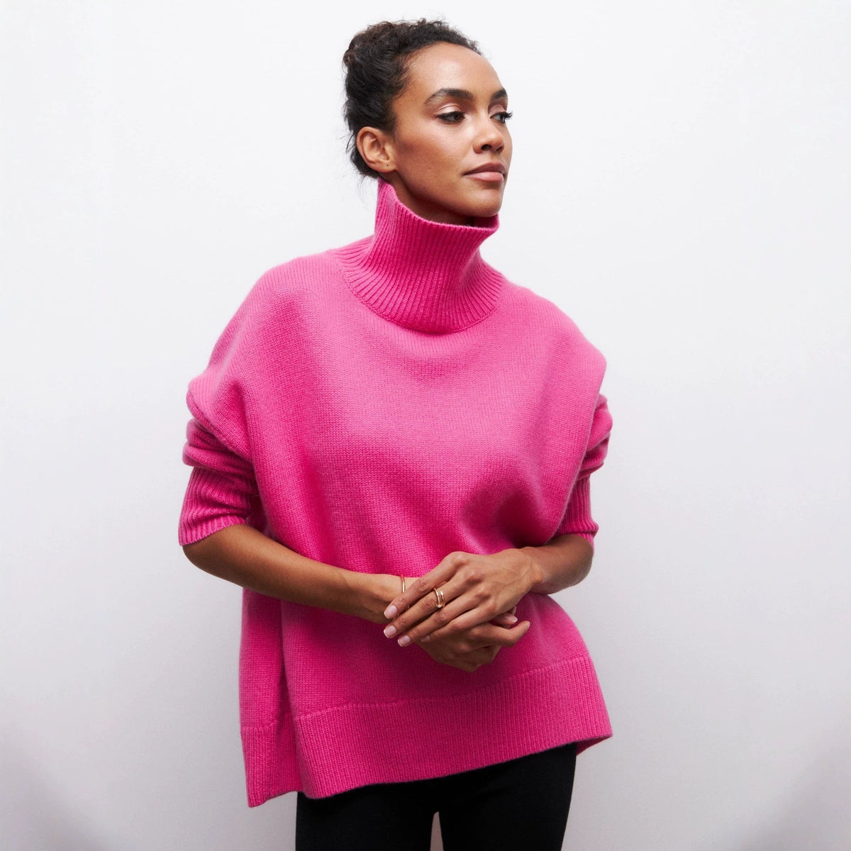 Women's Oversized Turtleneck Sweater, Solid Color Long Sleeve Loose Knit Pullover, Casual Fall Winter Basic Knit Top For Ladies