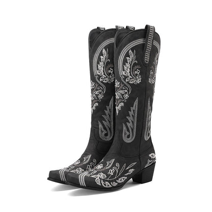Womens Embroidered Rhinestone Chunky High-Heel Boots