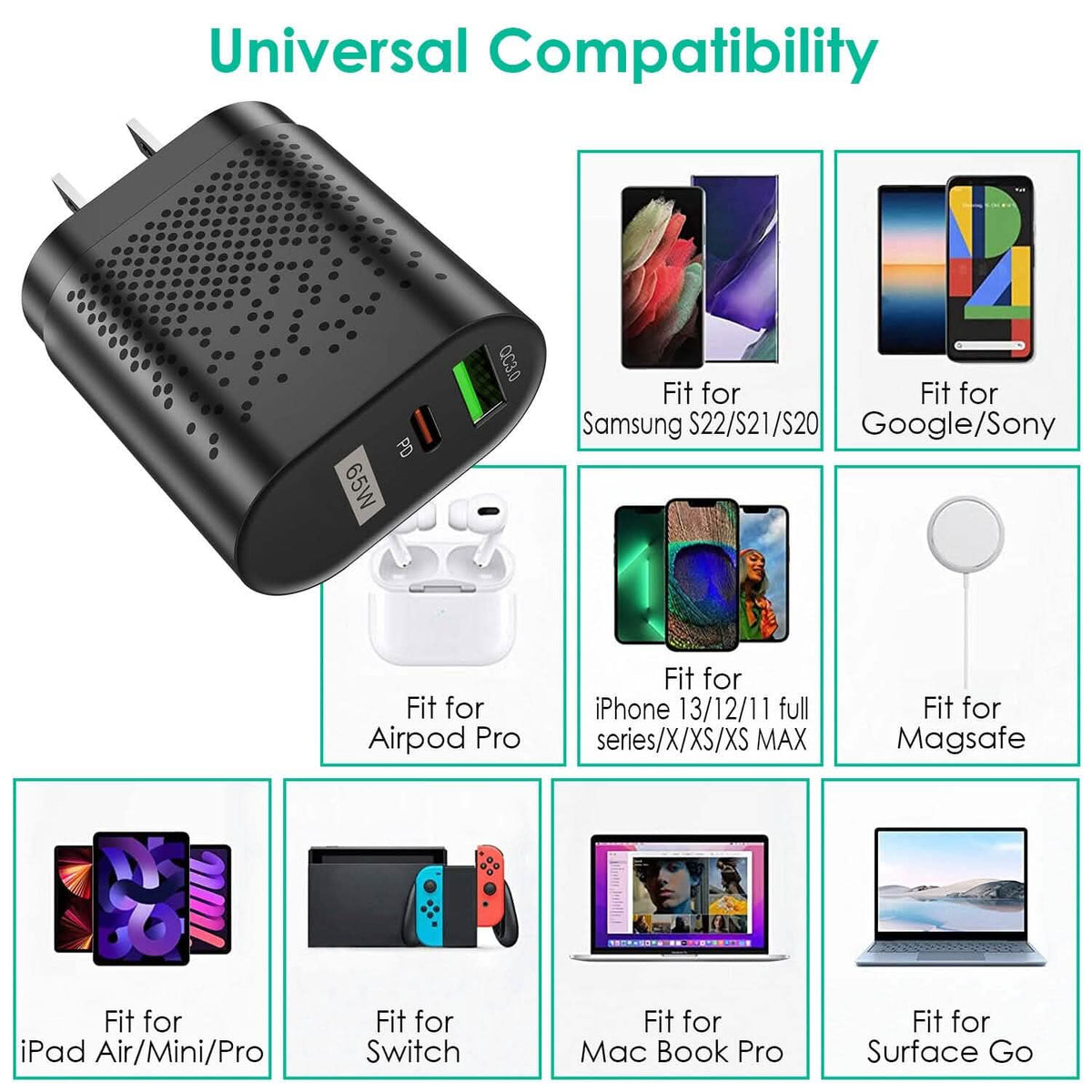 65W Type C Fast Wall Charger PD QC3.0 Adapter