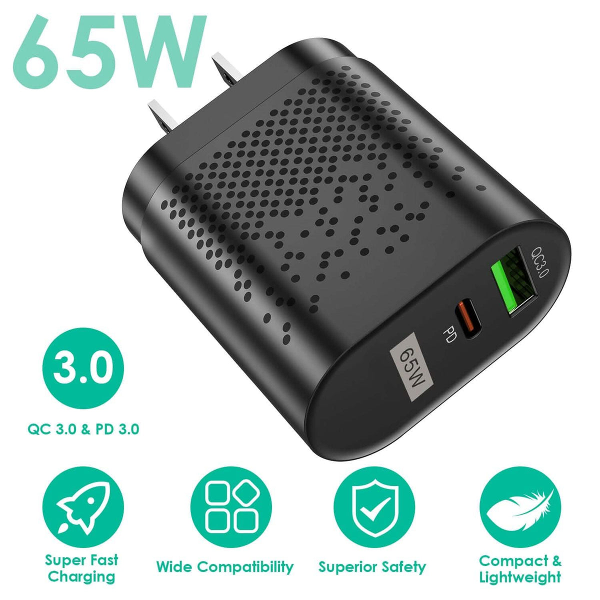 65W Type C Fast Wall Charger PD QC3.0 Adapter
