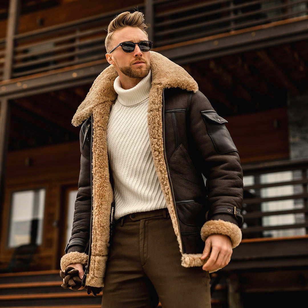 Men's Faux Fur-lined Thick Imitation Leather Jacket