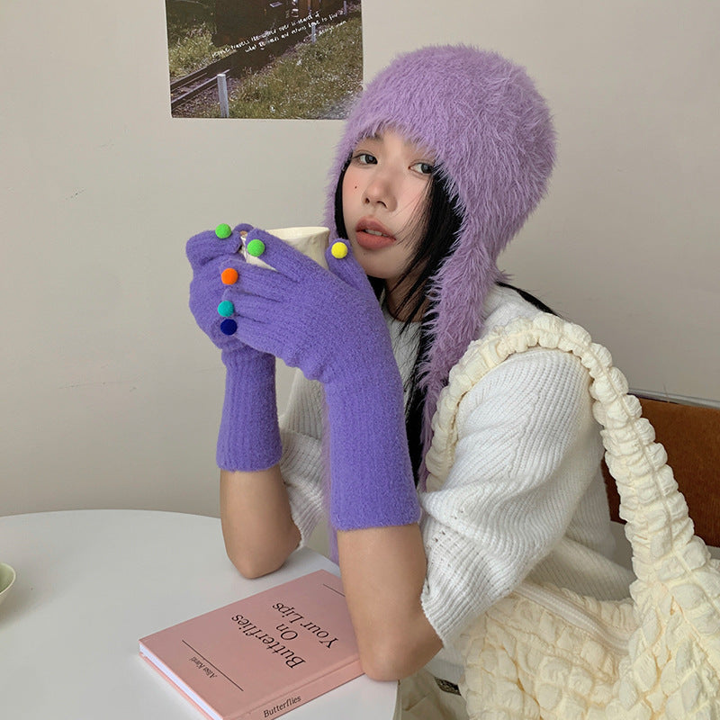 Colorful Plush Ball Gloves Winter Women's Cute Student Cycling Thickened