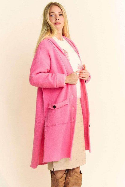 Davi & Dani Side Slit Button Up Hooded Cardigan for Women