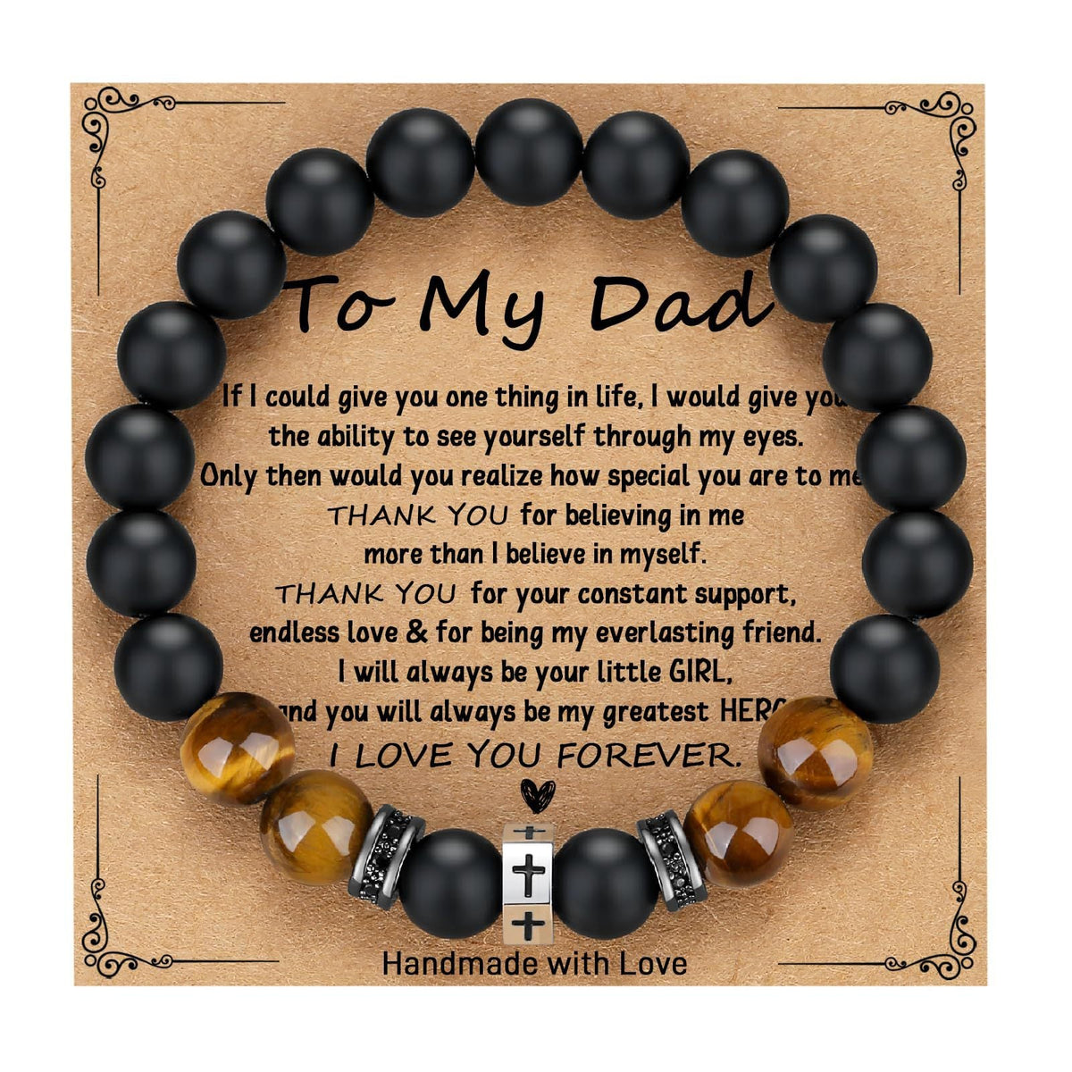 Tigers Eye Stone And Stainless Steel Cross Beaded Bracelet