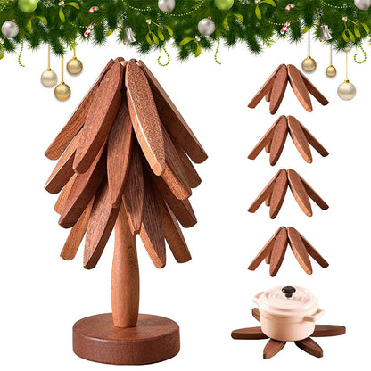 A set of tree - shaped wooden items including 4 trivets for hot dishes, pots, and pans, along with 1 stand.