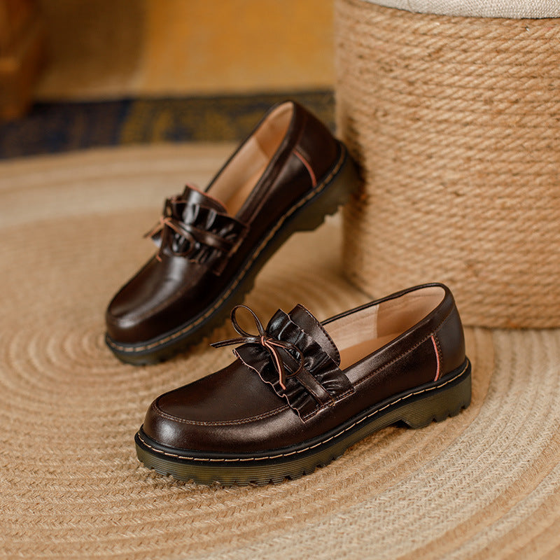 British Style Round Head Chunky Heel Small Leather Shoes For Women