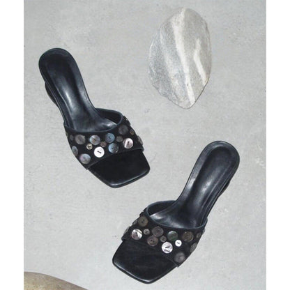 Women's Niche Black Button High-heeled Open-toe Sandals