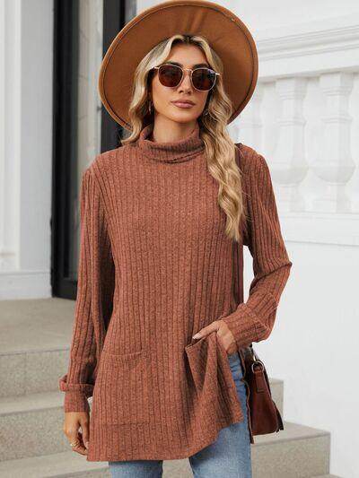 Slit Mock Neck Long Sleeve T-Shirt for Women with Pocket