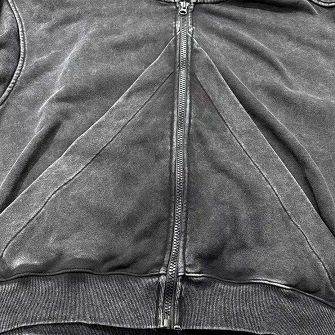 American-style Vintage Washed-and-distressed Cardigan Zip-up Hoodie