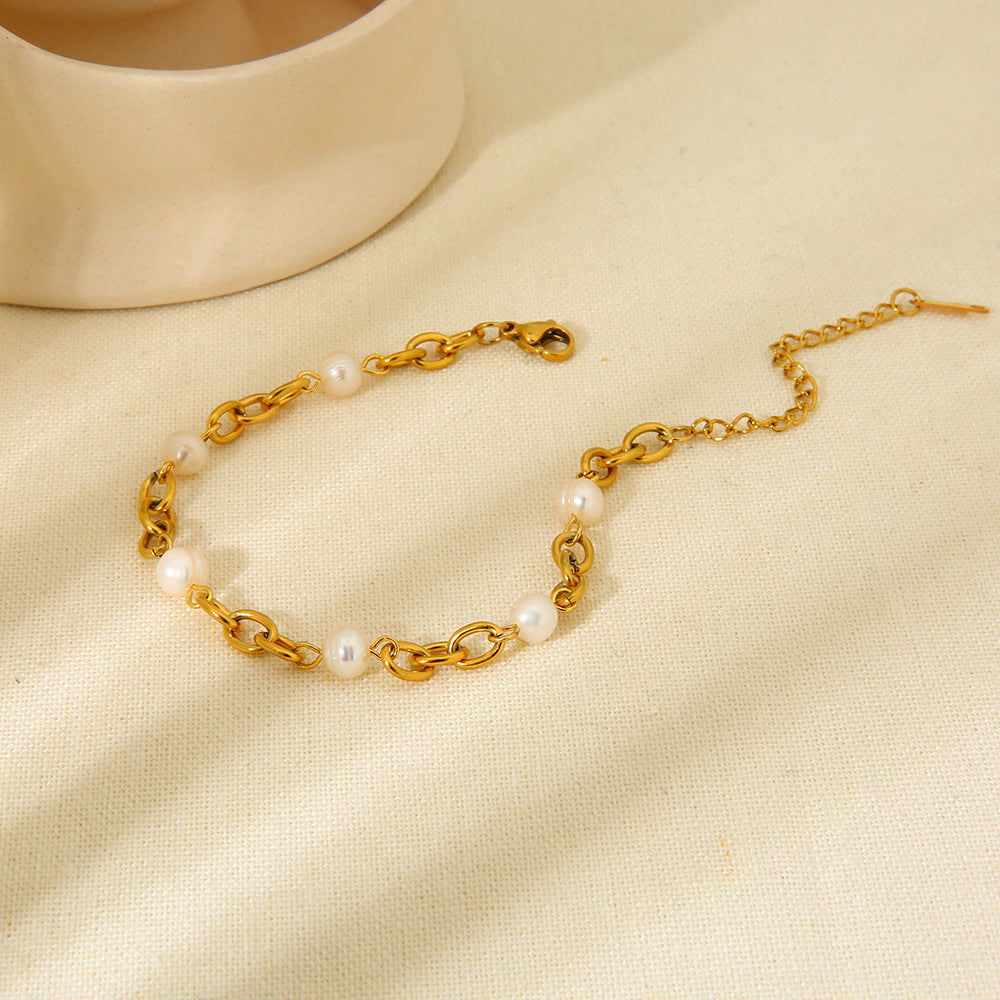 K Gold Stainless Steel Bracelet 6  Water Pearl Chain