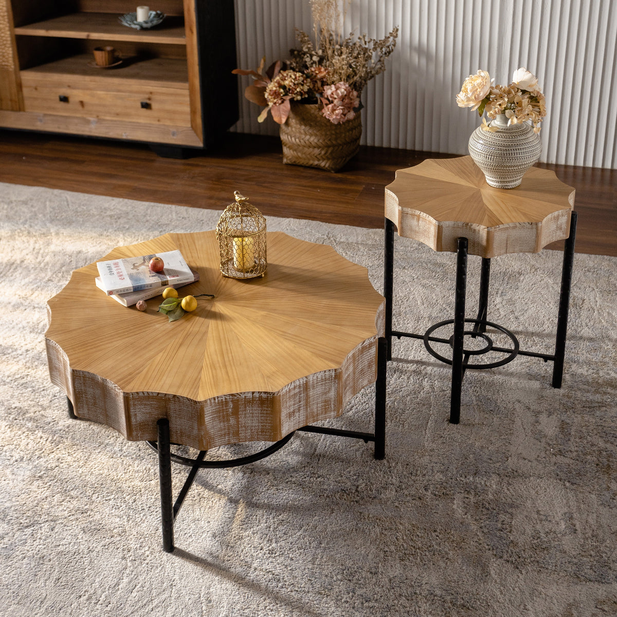 31.5 "Vintage Patchwork Lace Shape Coffee Table Cedar Coffee Table Set (Set of 2)