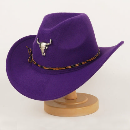 Western Cowboy Hat For Men And Women Metal Bull-Head Wool Cavalry Cap Top Hat