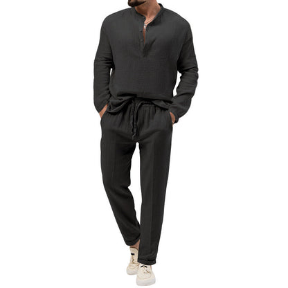 Solid Color Casual T-shirt Long Sleeve Shirt Trousers Set