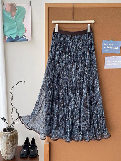 Retro-relaxed Mesh Paisley Pleated Midi Skirt