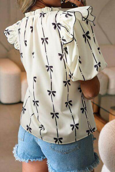 Bow Print Tie Neck Short Sleeve Blouse for Women
