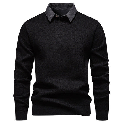 Mens Faux Two-piece Base-layer Knit Casual Shirt-collar Sweater