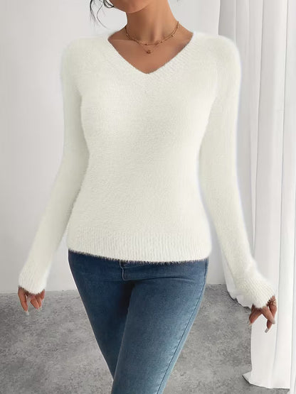 V-neck Solid-color Knitted Warm Plush Sweater