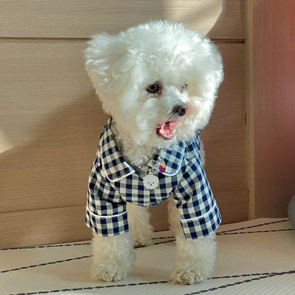 Korea Plaid Khaki Blue Pocket Pajamas For Dogs