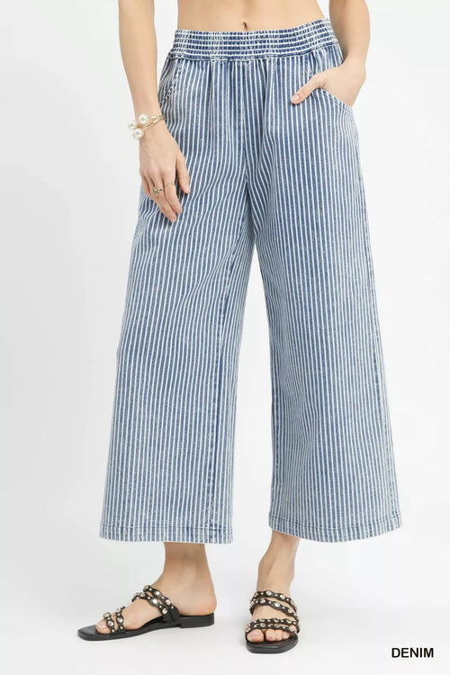 Umgee Stone Wash Stripe Wide-Leg Pants