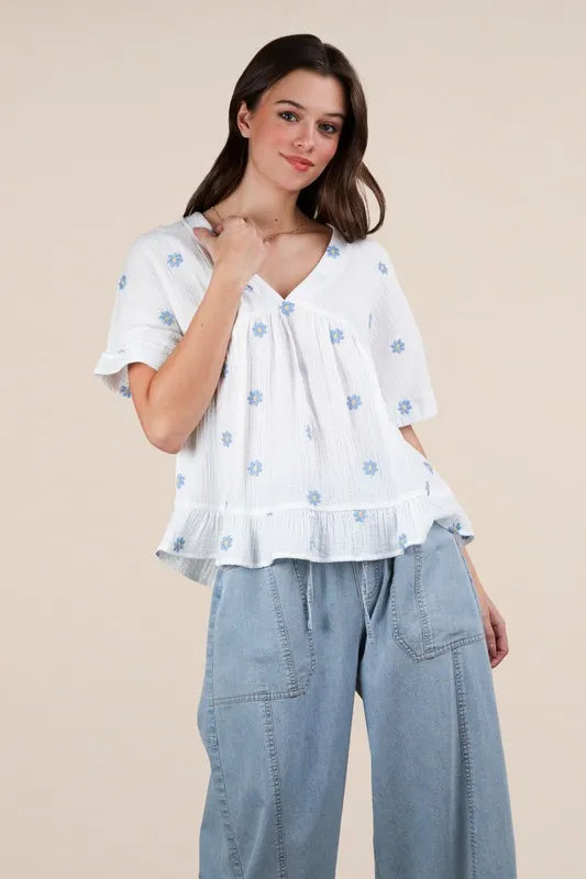 VERY J Flower Embroidered Woven Blouse