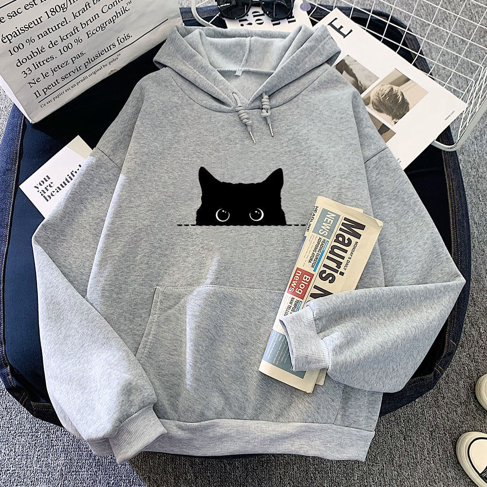 Black Cat Stare Cartoon Womens Hoodie
