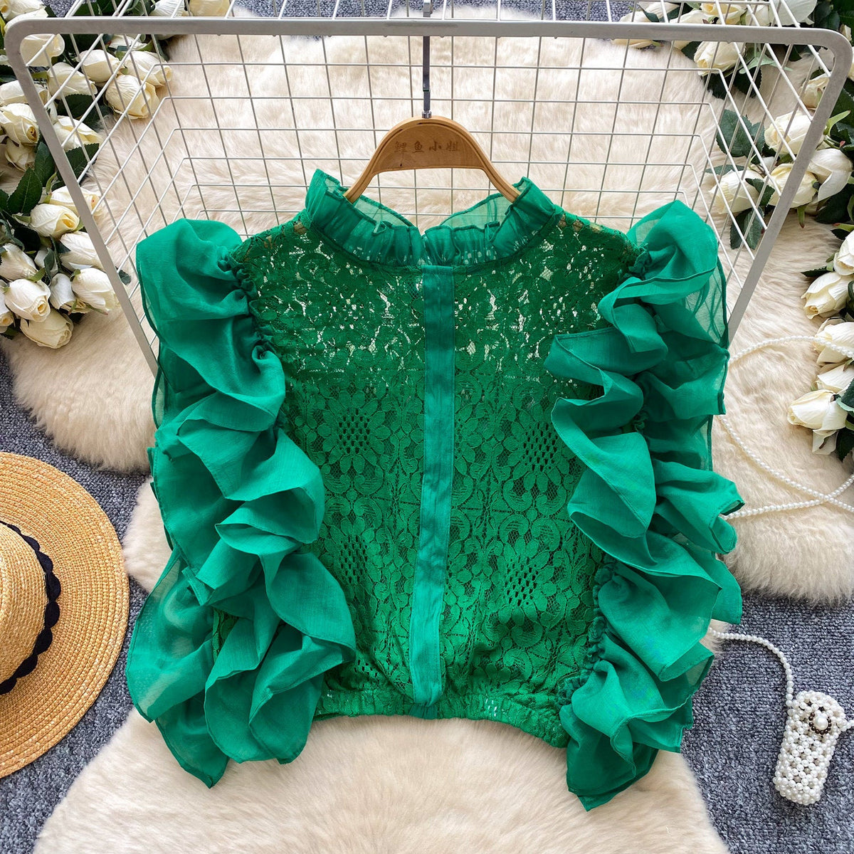 Lace Sleeveless Top With Ruffled Paneling And Hollowed-Out Details