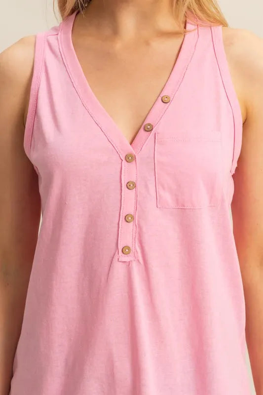 HYFVE Slub Knit Half Button Sleeveless Top