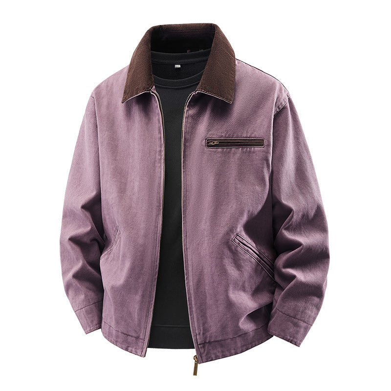 Lightweight Loose-fit Plus-size Washed Work Jacket With A Lapel Collar