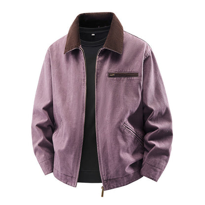 Lightweight Loose-fit Plus-size Washed Work Jacket With A Lapel Collar