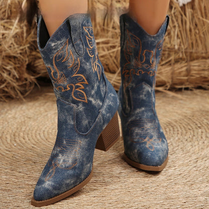 Stylish Western-style Pointed-toe Slip-on Chunky-heel Ankle Boots