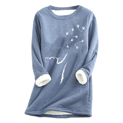 Womens Cat-Paw Print Fluffy Crew-Neck Sweatshirt