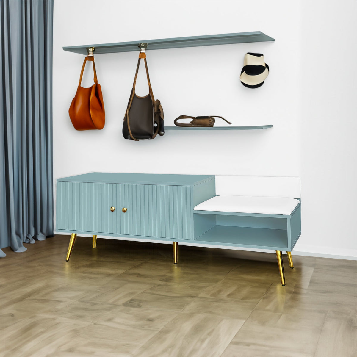 Modern Shoe Storage Bench with Hidden Storage and Upholstered Cushions for Bedside, Living Room and Entryway (Tiffany Blue)